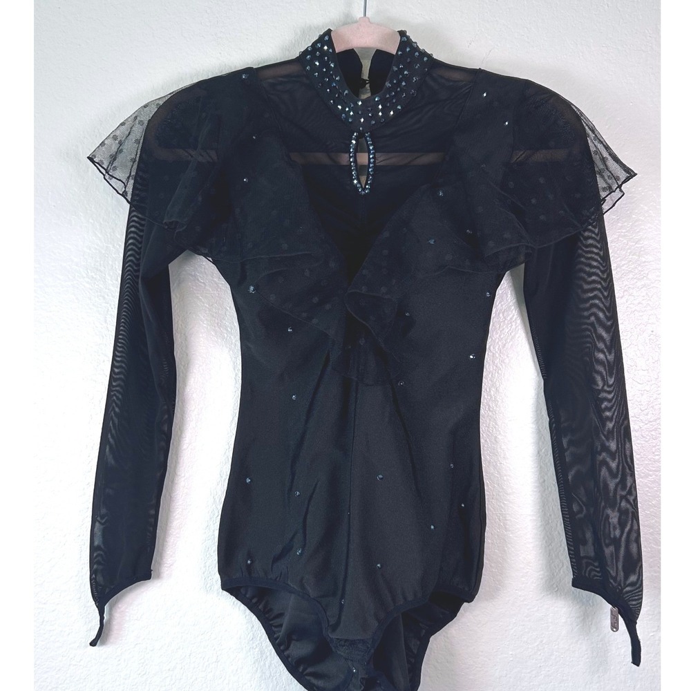 Black Rhinestone Ruffle Mesh Long Sleeve Festival Dance Leotard Mock Neck SZ S